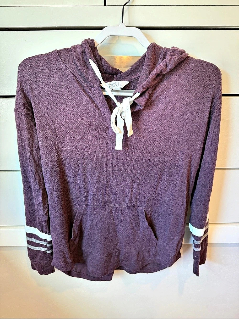 Market & Spruce Hooded Pullover with Striped Cuffs in Purple Size Small